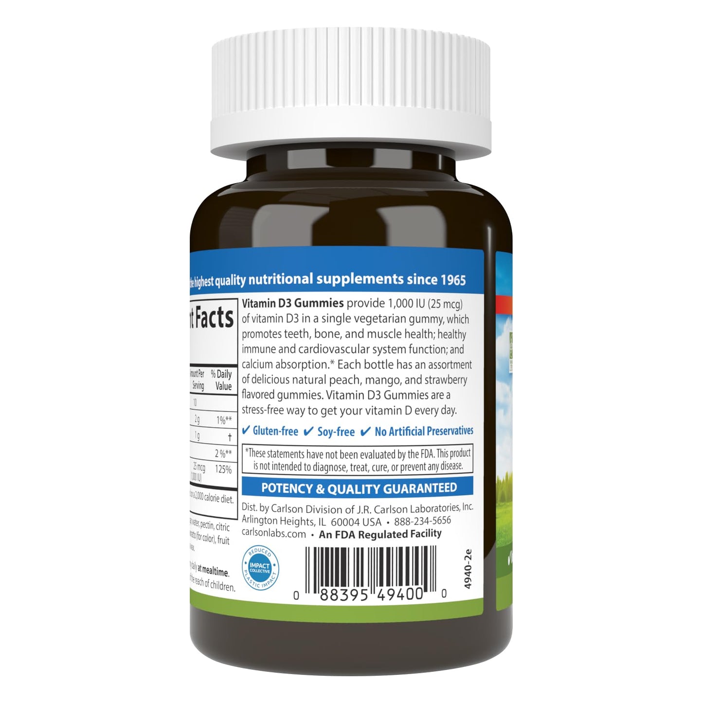Carlson Vitamin D3 Gummies 1000 IU (25 mcg) – Bone Health, Immune Support & Calcium Absorption | 60 Vegetarian Gummies