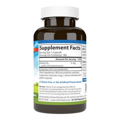 Carlson Vitamin K2 MK-4 (Menatetrenone) - Soy-Free, 180 Capsules | Bone & Heart Health