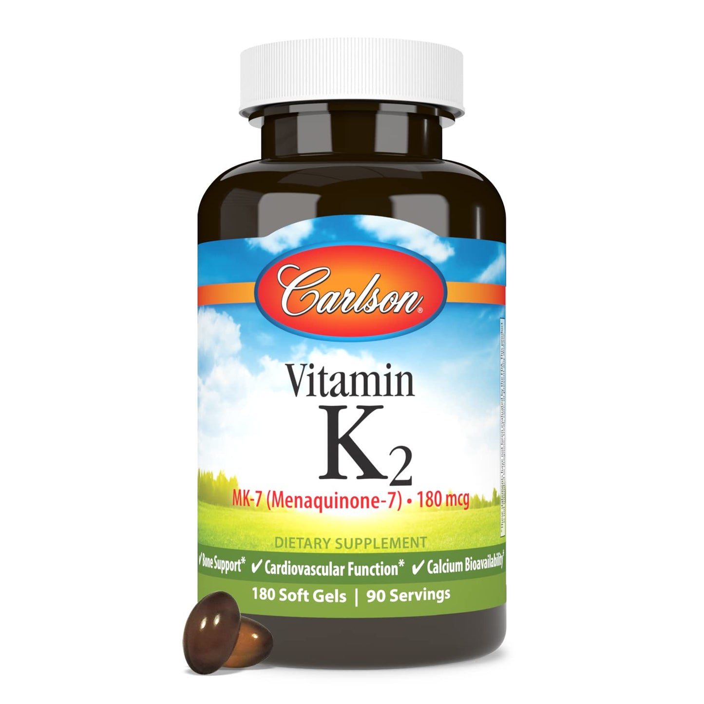 Carlson - Vitamin K2 MK-7 (Menaquinone), 180 mcg, Bone Support, Calcium Bioavailability, K2 Vitamin, Vitamin K-2, 180 Softgels