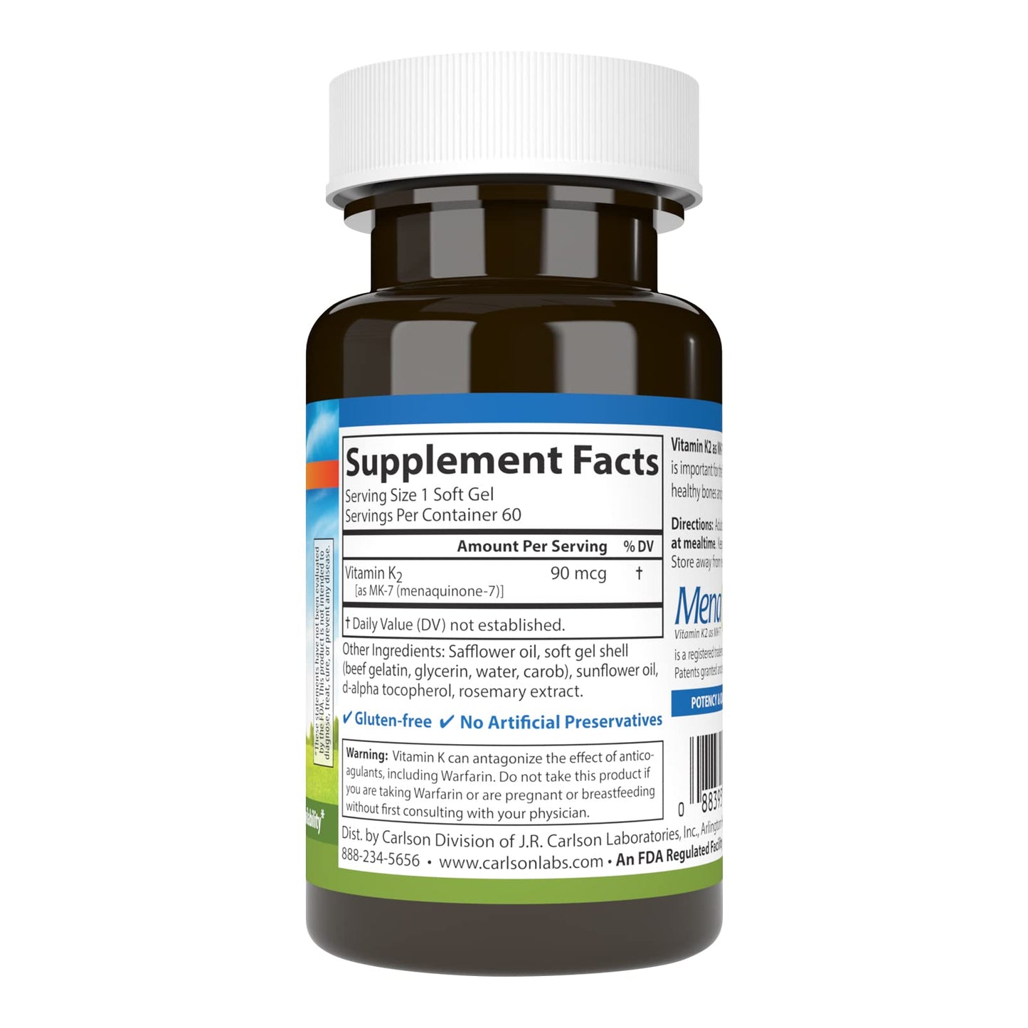 Carlson - Vitamin K2 MK-7 (Menaquinone), 90 mcg, Bone Support, Calcium Bioavailability, K2 Vitamin, Vitamin K-2, 60 Softgels