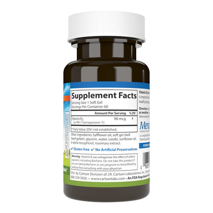 Carlson - Vitamin K2 MK-7 (Menaquinone), 90 mcg, Bone Support, Calcium Bioavailability, K2 Vitamin, Vitamin K-2, 60 Softgels