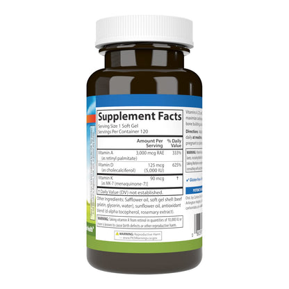Carlson Vitamins A, D3, K2 3000 mcg RAE A, 125 mcg D3, 90 mcg K2 MK-7 | 120 Soft Gels