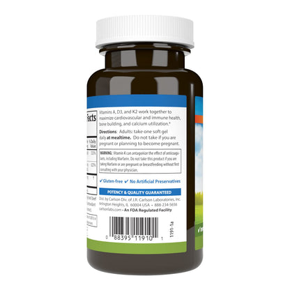 Carlson Vitamins A, D3, K2 3000 mcg RAE A, 125 mcg D3, 90 mcg K2 MK-7 | 120 Soft Gels