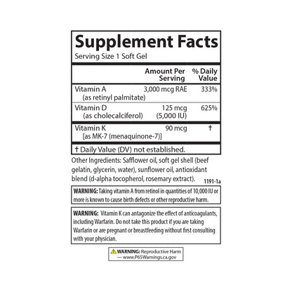 Carlson Vitamins A, D3, K2 3000 mcg RAE A, 125 mcg D3, 90 mcg K2 MK-7 | 120 Soft Gels