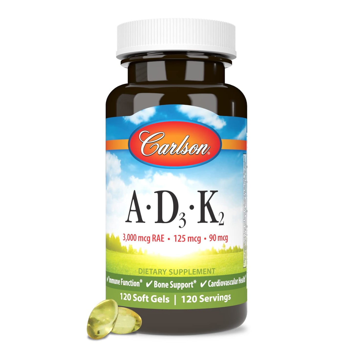 Carlson Vitamins A, D3, K2 3000 mcg RAE A, 125 mcg D3, 90 mcg K2 MK-7 | 120 Soft Gels