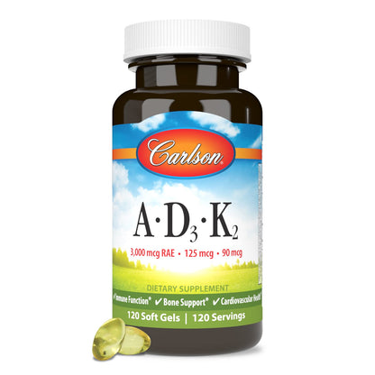 Carlson Vitamins A, D3, K2 3000 mcg RAE A, 125 mcg D3, 90 mcg K2 MK-7 | 120 Soft Gels