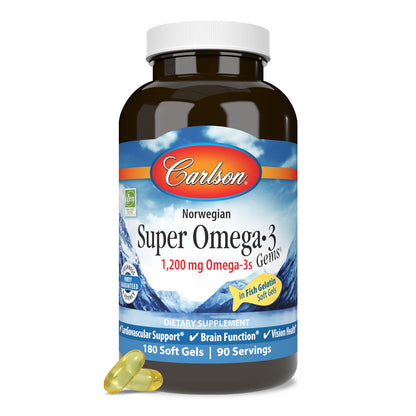 Carlson Super Omega-3 Gems – 180 Soft Gels, 1200 mg Omega-3s, Wild-CCaught Norwegian Fish Oil