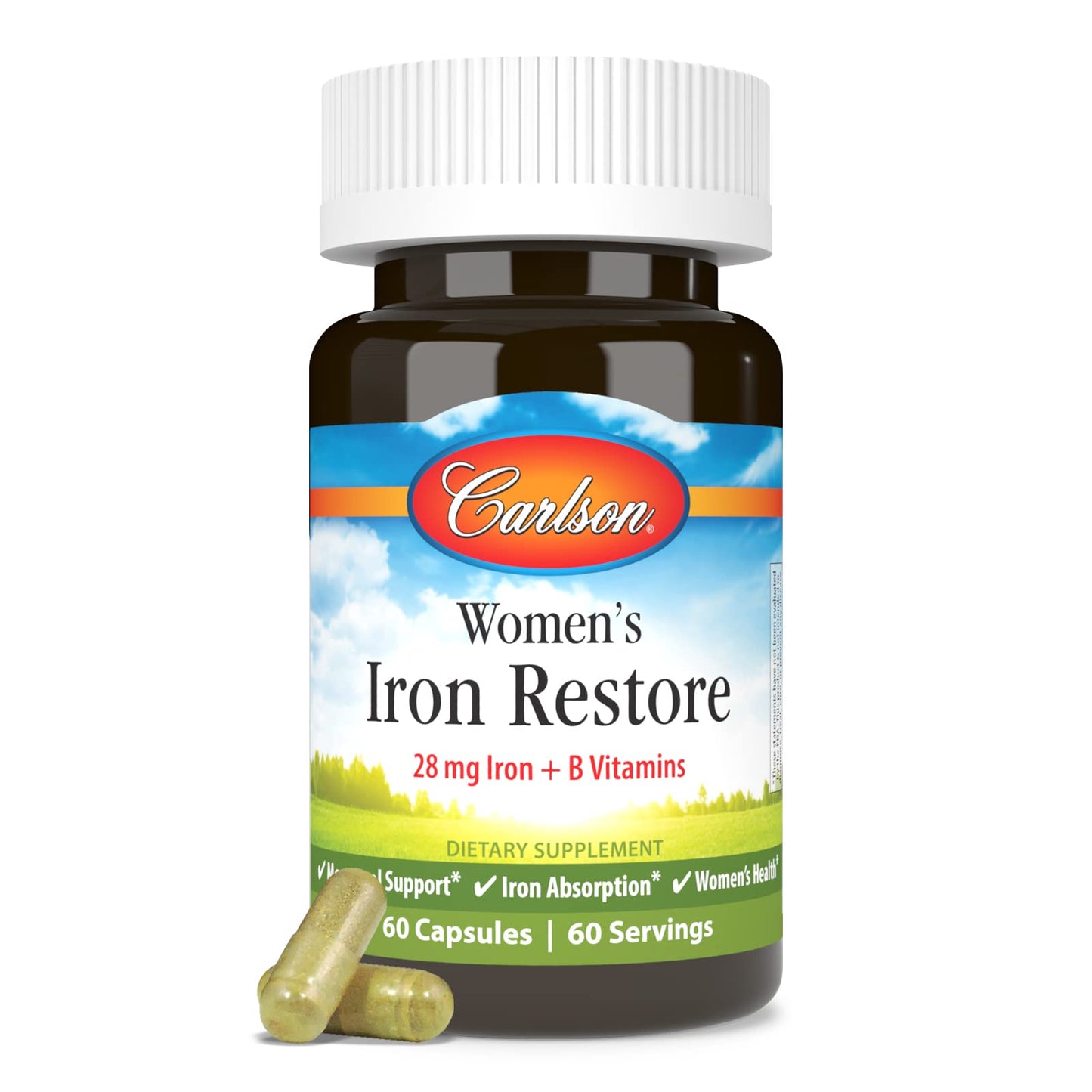 Carlson Women's Iron Restore – 28 mg Iron + B Vitamins, Menstrual Support, 60 Caps
