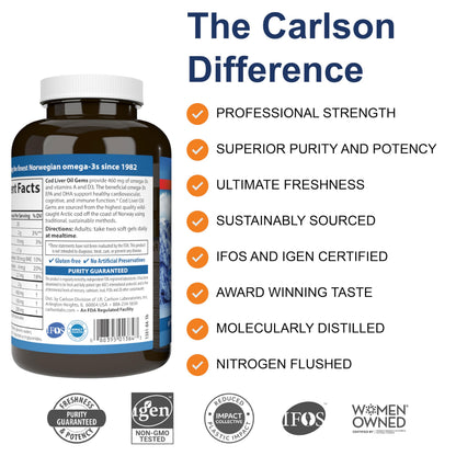 Carlson Cod Liver Oil Gems 460 mg Omega-3s + Vitamins A & D3 – Lemon – 150 + 30 Softgels