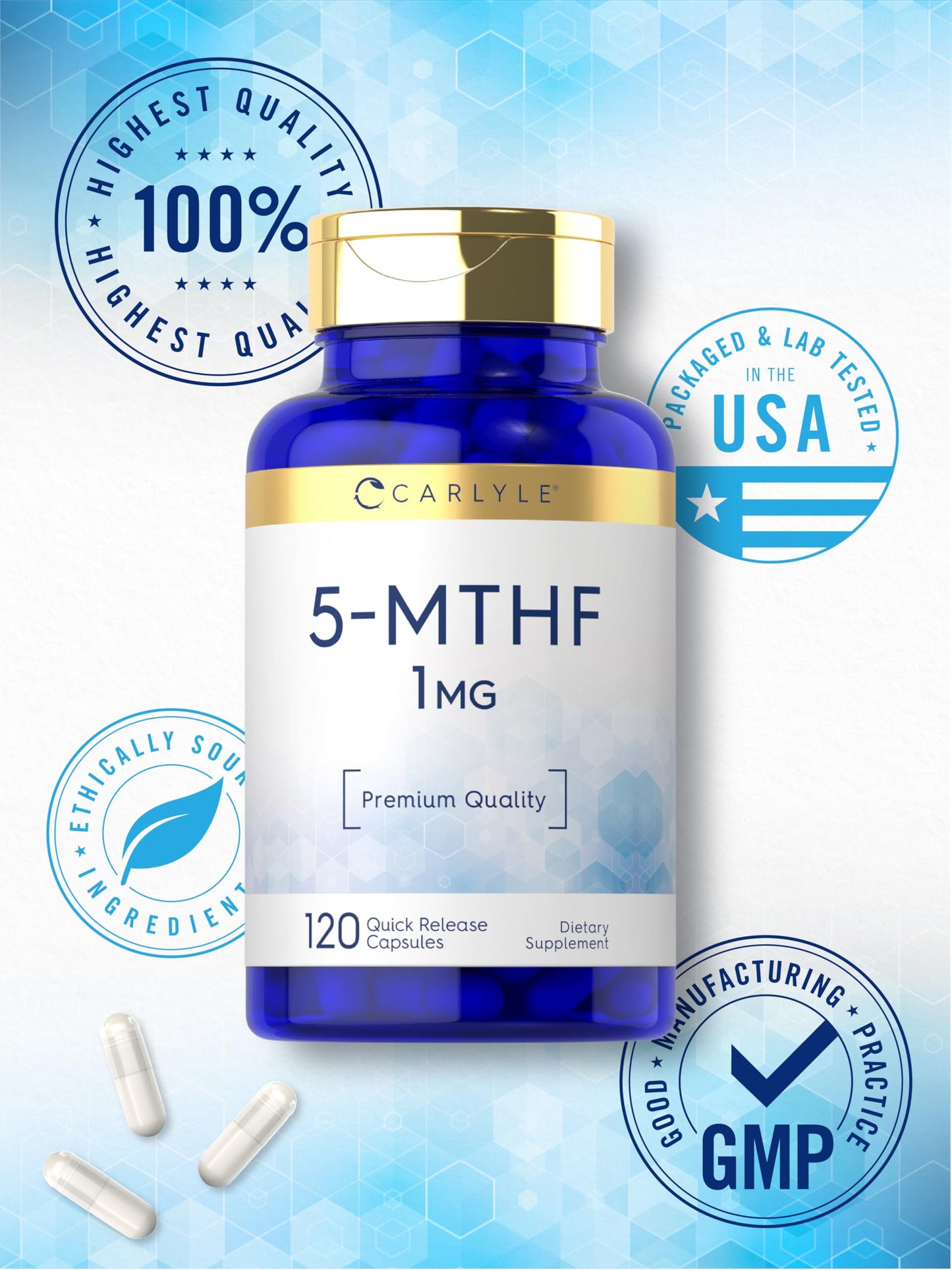 Carlyle 5-MTHF L-Methylfolate 1mg – 120 Capsules, Non-GMO & Gluten Free