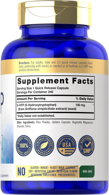 Carlyle 5-HTP 100 mg | 240 Capsules | Non-GMO & Gluten Free | 5-Hydroxytryptophan Supplement
