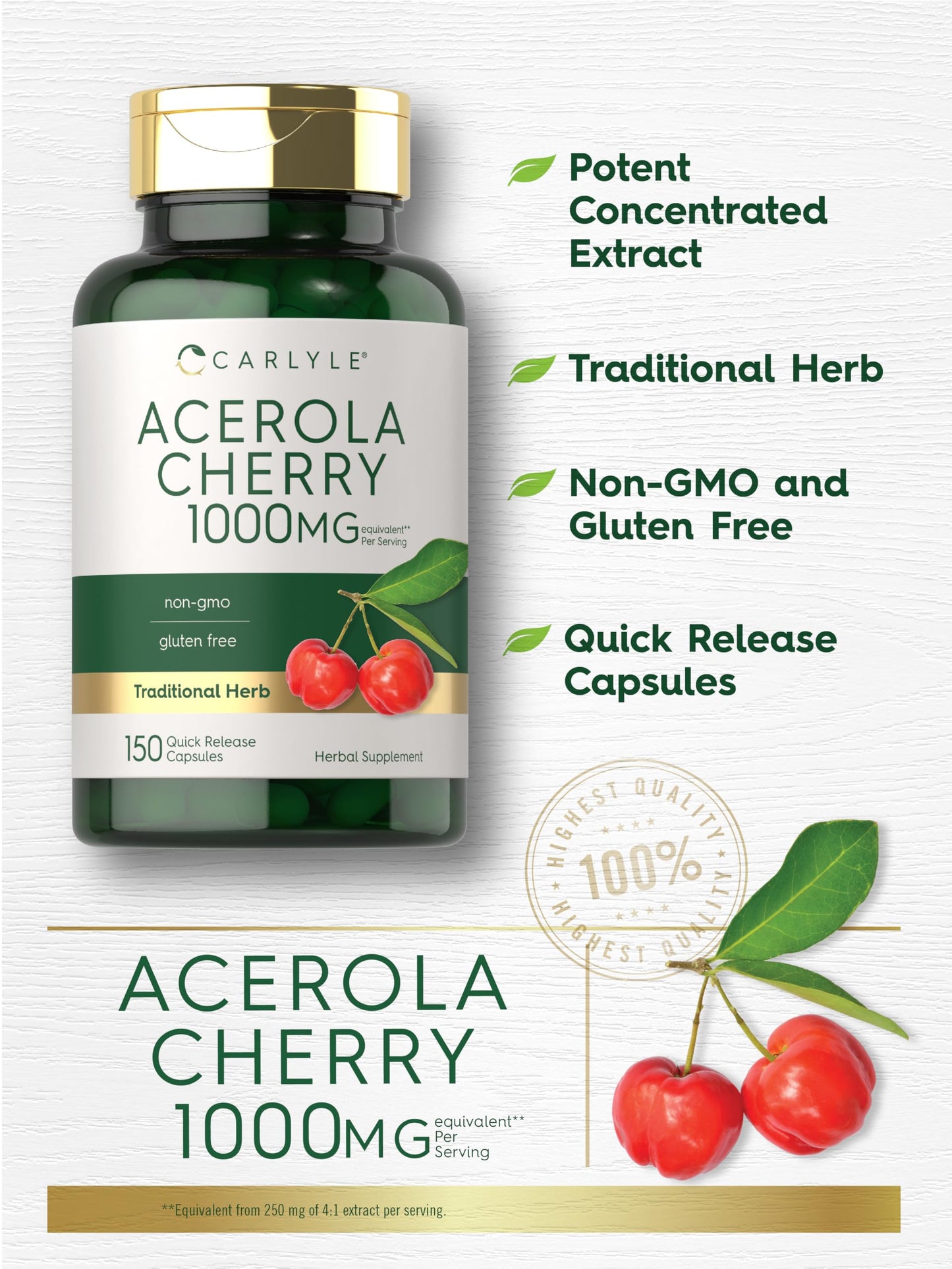 Carlyle Acerola Cherry Capsules 1000mg - 150 Count | Non-GMO & Gluten Free