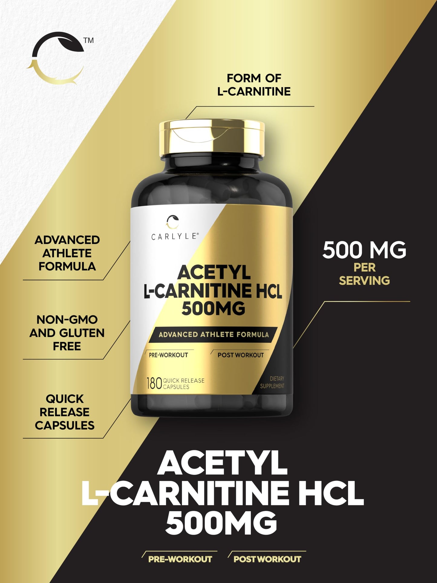 Carlyle Acetyl L-Carnitine HCl 500mg | 180 Count Capsules | Non-GMO & Gluten Free | Advanced Athlete Formula