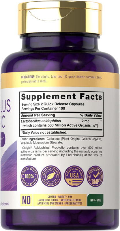 Carlyle Acidophilus Probiotic Capsules – 500M CFU, 200 Pills | Non-GMO & Gluten Free