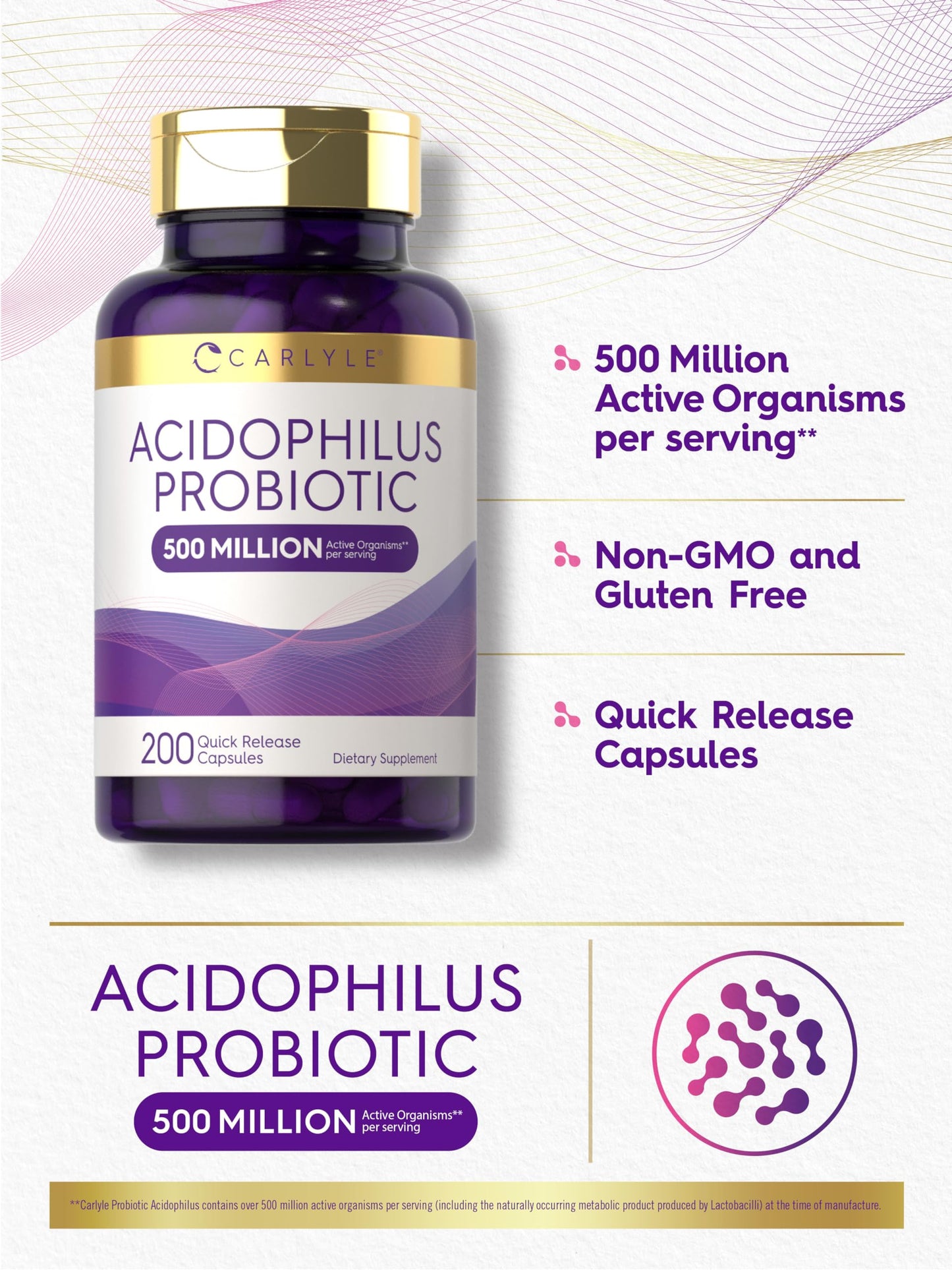 Carlyle Acidophilus Probiotic Capsules – 500M CFU, 200 Pills | Non-GMO & Gluten Free