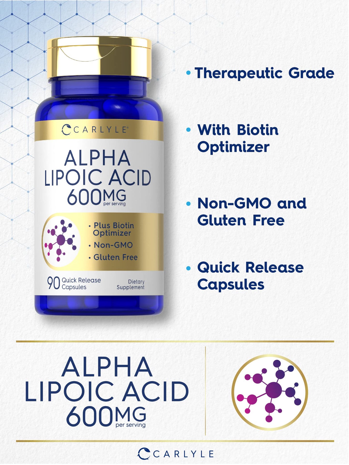 Carlyle Alpha Lipoic Acid 600mg + Biotin Optimizer | 90 Capsules | Non-GMO & Gluten Free
