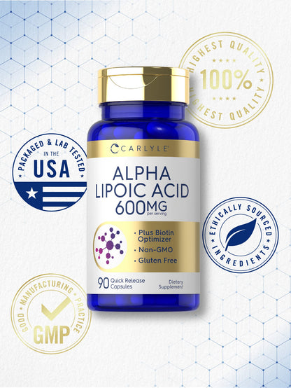 Carlyle Alpha Lipoic Acid 600mg + Biotin Optimizer | 90 Capsules | Non-GMO & Gluten Free