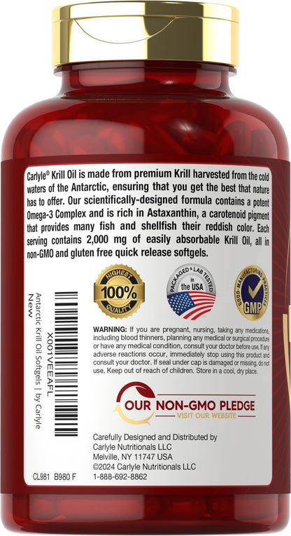 Carlyle Antarctic Krill Oil 2000 mg – 120 Softgels (Pack of 2) | Omega-3 EPA/DHA + Astaxanthin