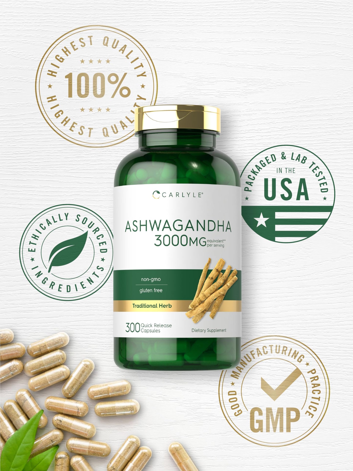 Carlyle Ashwagandha 3000mg - 300 Capsules for Women & Men - Non-GMO & Gluten Free