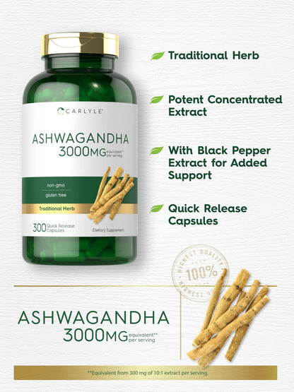 Carlyle Ashwagandha 3000mg - 300 Capsules for Women & Men - Non-GMO & Gluten Free