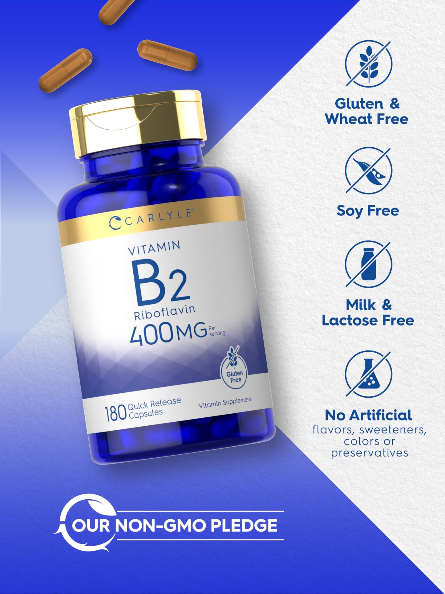 Carlyle Vitamin B-2 400mg – 180 Count – Non-GMO & Gluten Free | B2 Riboflavin Supplement