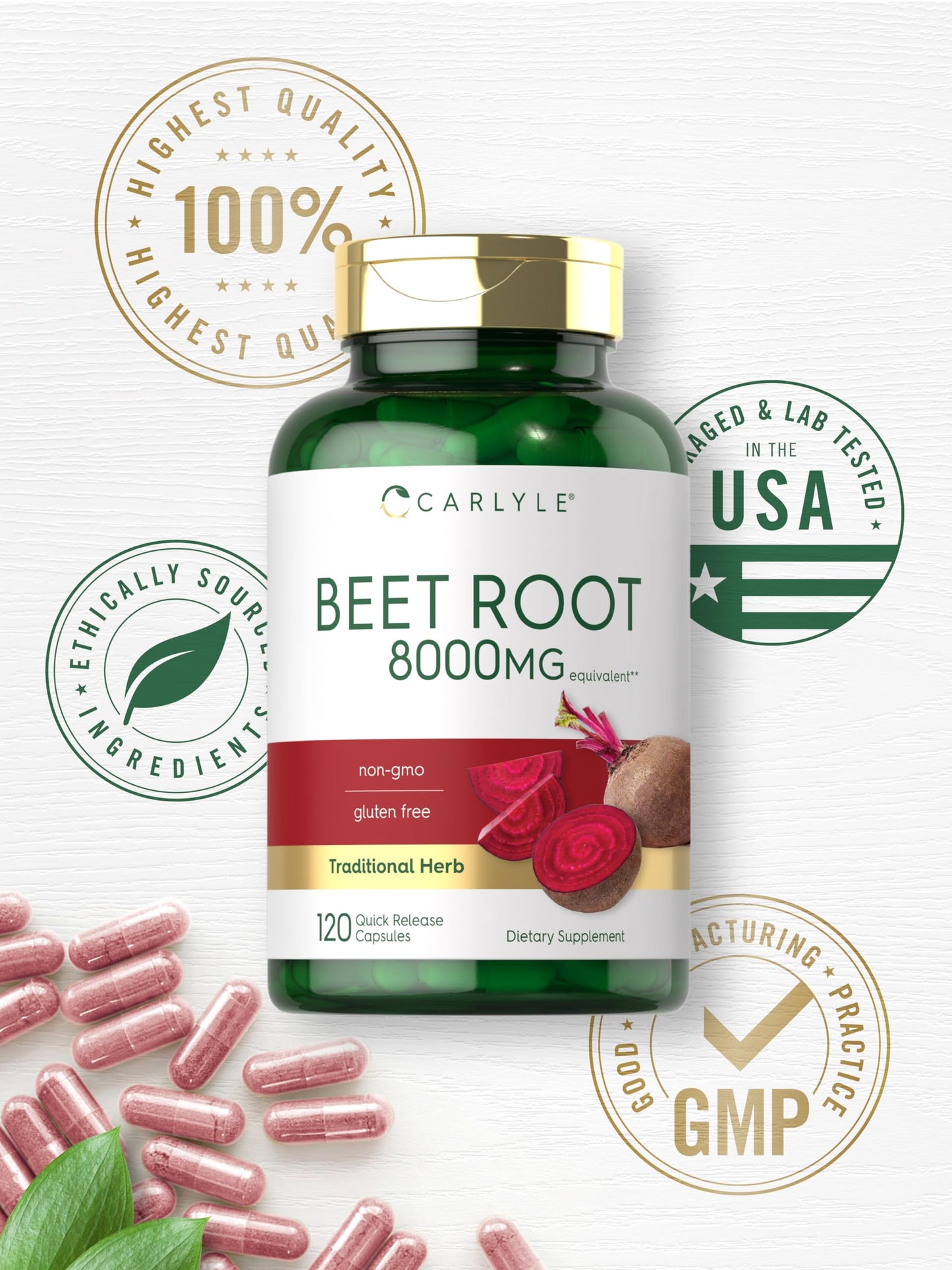 Carlyle Beet Root Capsules | 8000 mg | 120 Count | Non-GMO and Gluten Free Supplement