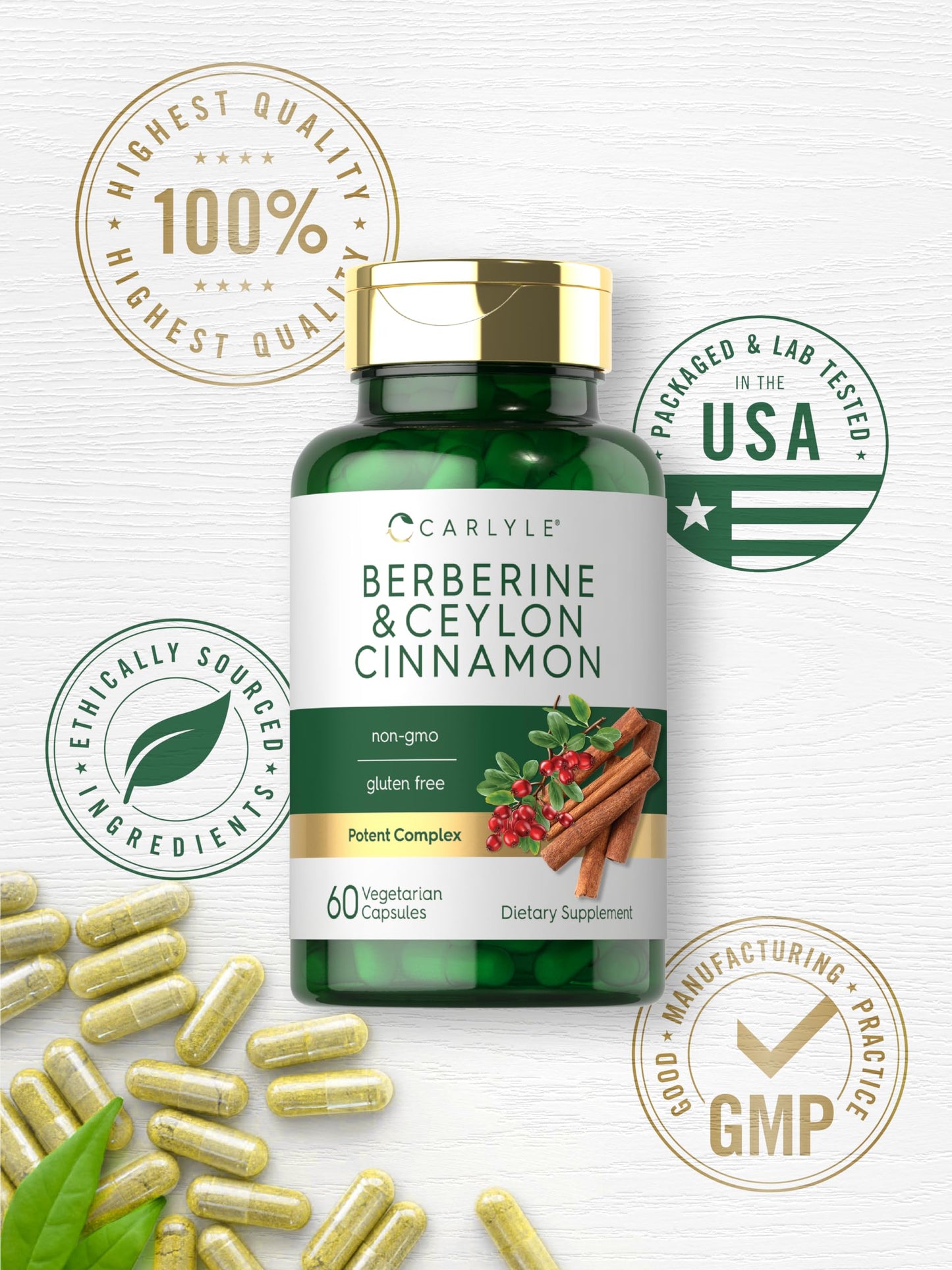 Carlyle Berberine with Ceylon Cinnamon - 2000mg Complex, 60 Capsules | Vegetarian, Non-GMO, Gluten Free