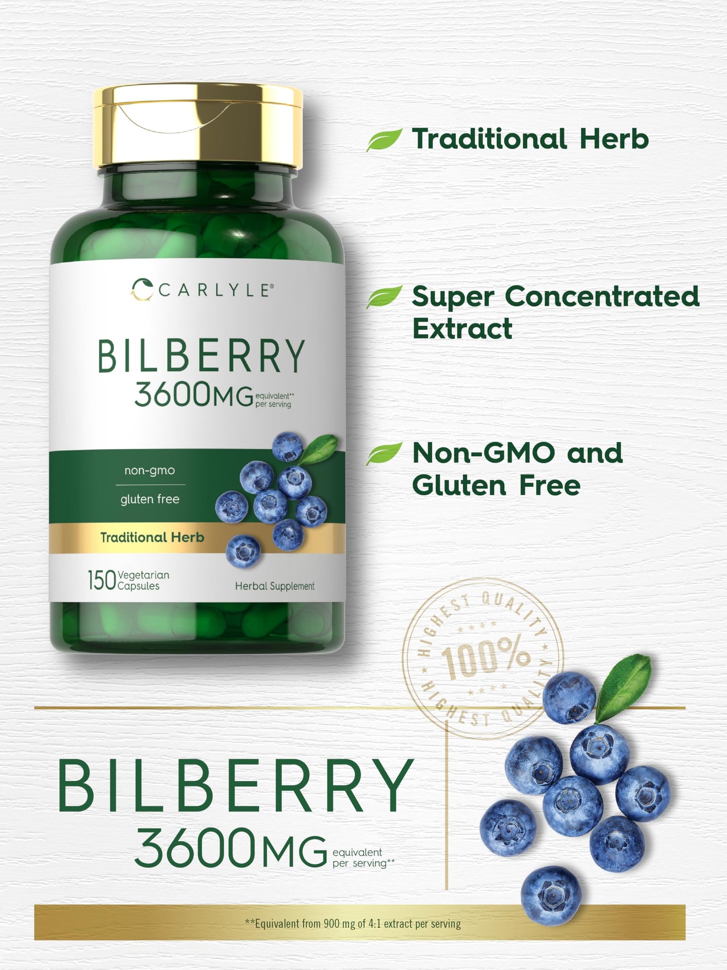 Carlyle Bilberry Extract Capsules | 3600mg, 150 Count | Vegetarian, Non-GMO, Gluten Free Fruit Supplement