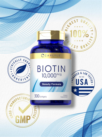 Carlyle Biotin 10000mcg | 300 Softgels | Max Strength | Non-GMO, Gluten Free Supplement