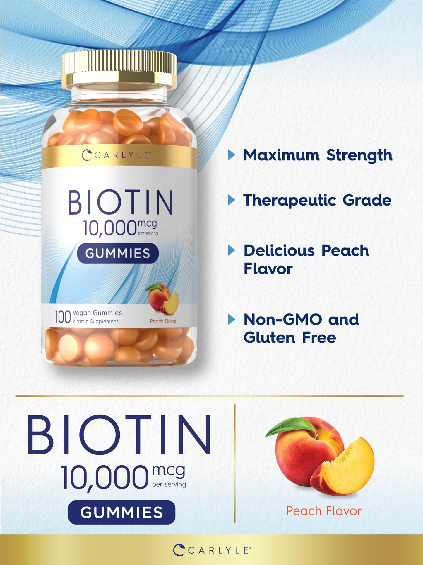 Carlyle Biotin 10000mcg Gummies | 100 Count | Peach Flavor Supplement | Vegan, Non-GMO, Gluten Free
