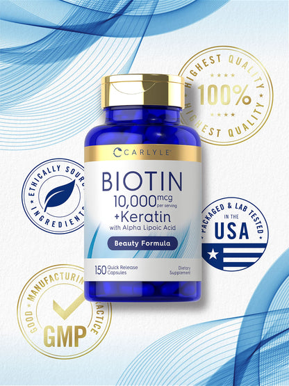 Carlyle Biotin 10000mcg | 150 Caps | Keratin Beauty Formula | Non-GMO