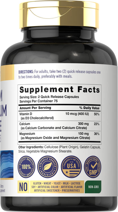 Carlyle Calcium Magnesium Citrate with Vitamin D3 – 150 Capsules (Non-GMO, Gluten Free)
