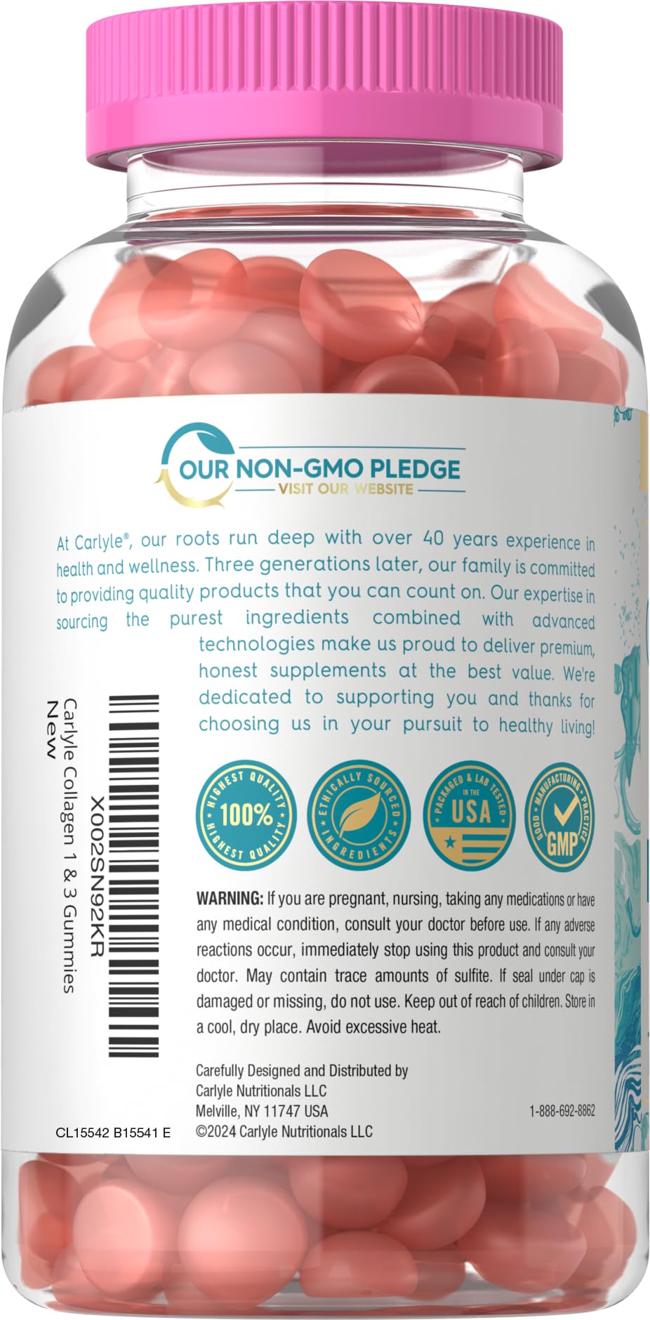 Carlyle Collagen Gummies – Strawberry Beauty Supplement with Type 1 & 3 Hydrolyzed Collagen | Non-GMO & Gluten Free