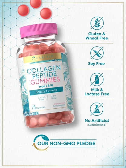 Carlyle Collagen Gummies – Strawberry Beauty Supplement with Type 1 & 3 Hydrolyzed Collagen | Non-GMO & Gluten Free