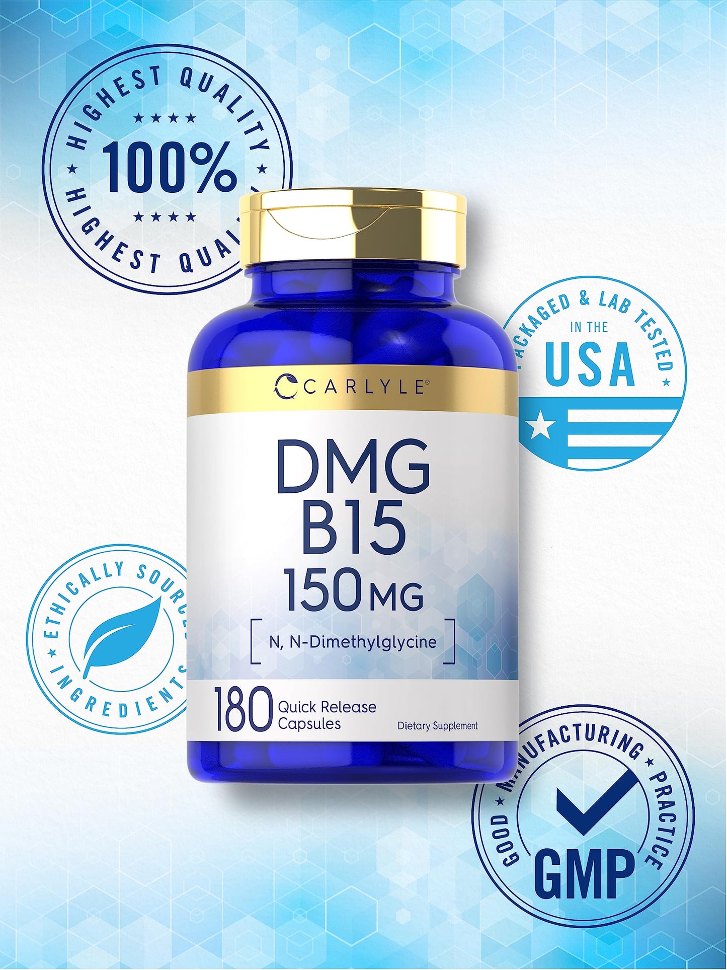 Carlyle DMG Supplement - 150 mg DMG, 180 Capsules | Non-GMO Gluten Free