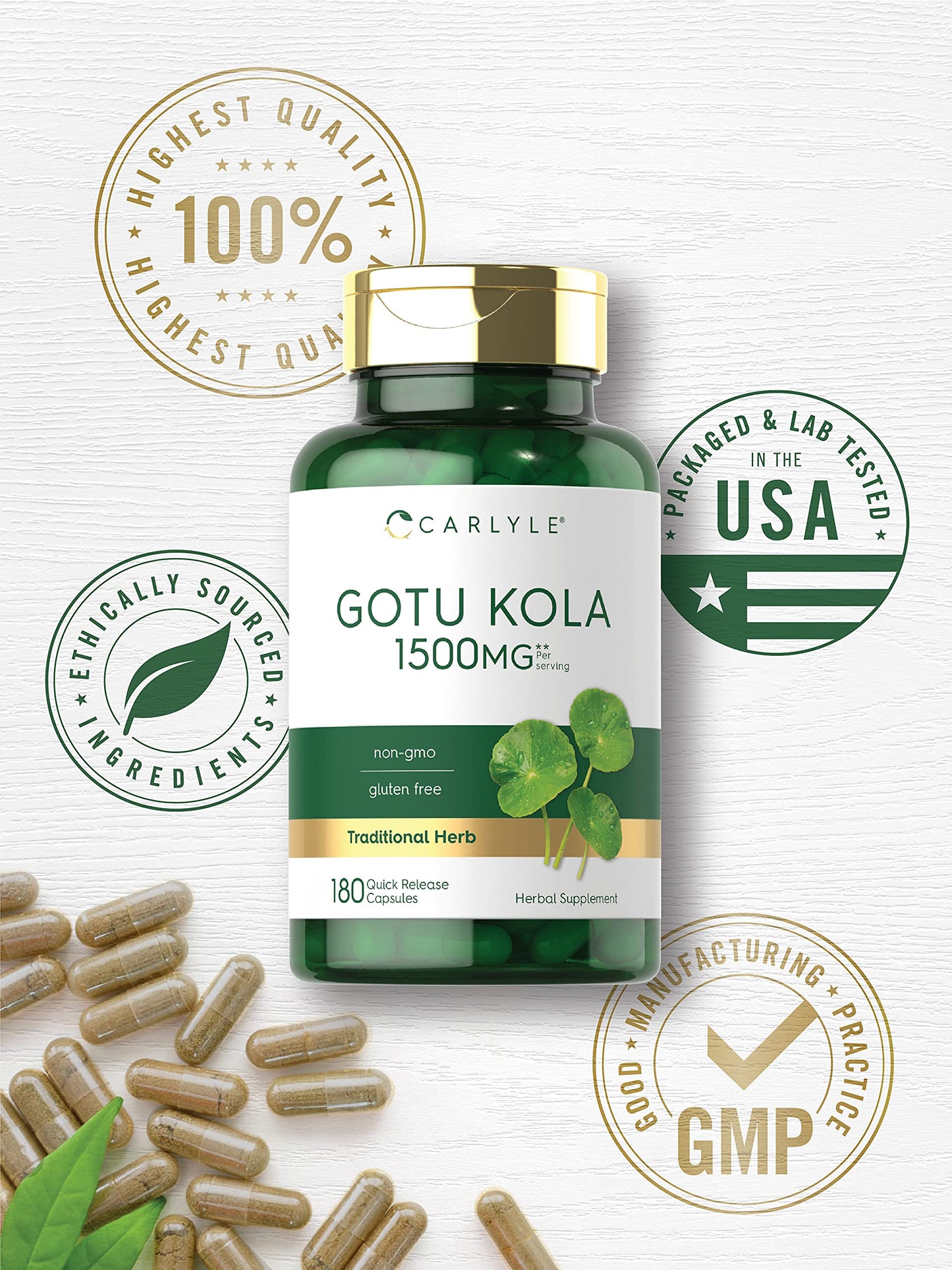 Carlyle Gotu Kola Capsules 1500mg - 180 Count | Non-GMO & Gluten Free