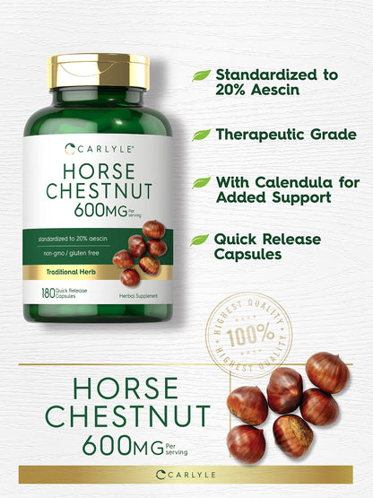 Carlyle Horse Chestnut Extract 600mg – 180 Capsules | Herbal Supplement | Non-GMO, Gluten Free
