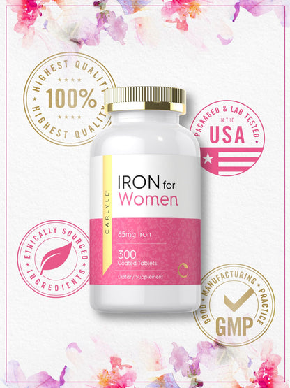 Carlyle Iron Supplement for Women 65mg | 300 Coated Tablets | Vegetarian, Non-GMO & Gluten Free
