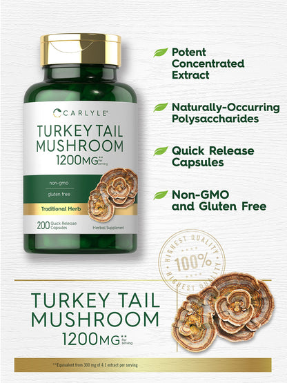 Carlyle Turkey Tail Mushroom Capsules - 1200mg, 200 Count | Non-GMO & Gluten Free