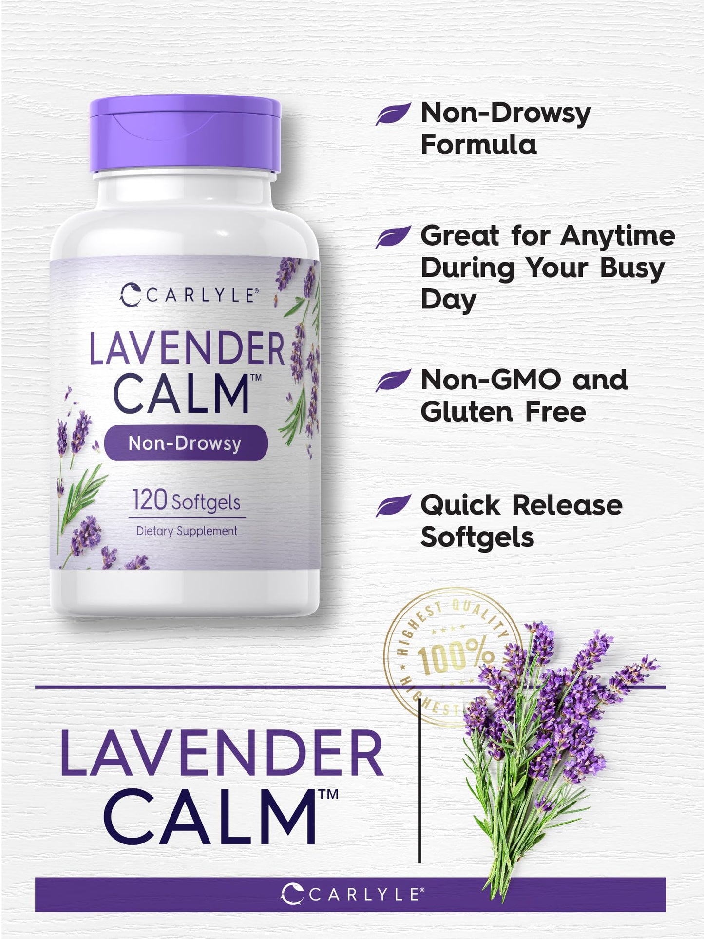 Carlyle Lavender Pills 80 mg | 120 Softgels | Calm Non-Drowsy | Gluten Free & Non-GMO