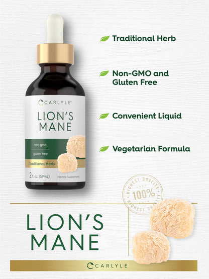 Carlyle Lions Mane Mushroom Supplement | 2 Fl Oz Liquid Extract Tincture | Vegetarian | Non-GMO & Gluten Free