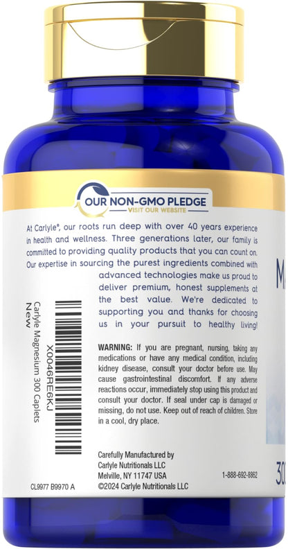 Carlyle Magnesium 500mg | 300 Coated Caplets | Vegetarian, Non-GMO, Gluten Free