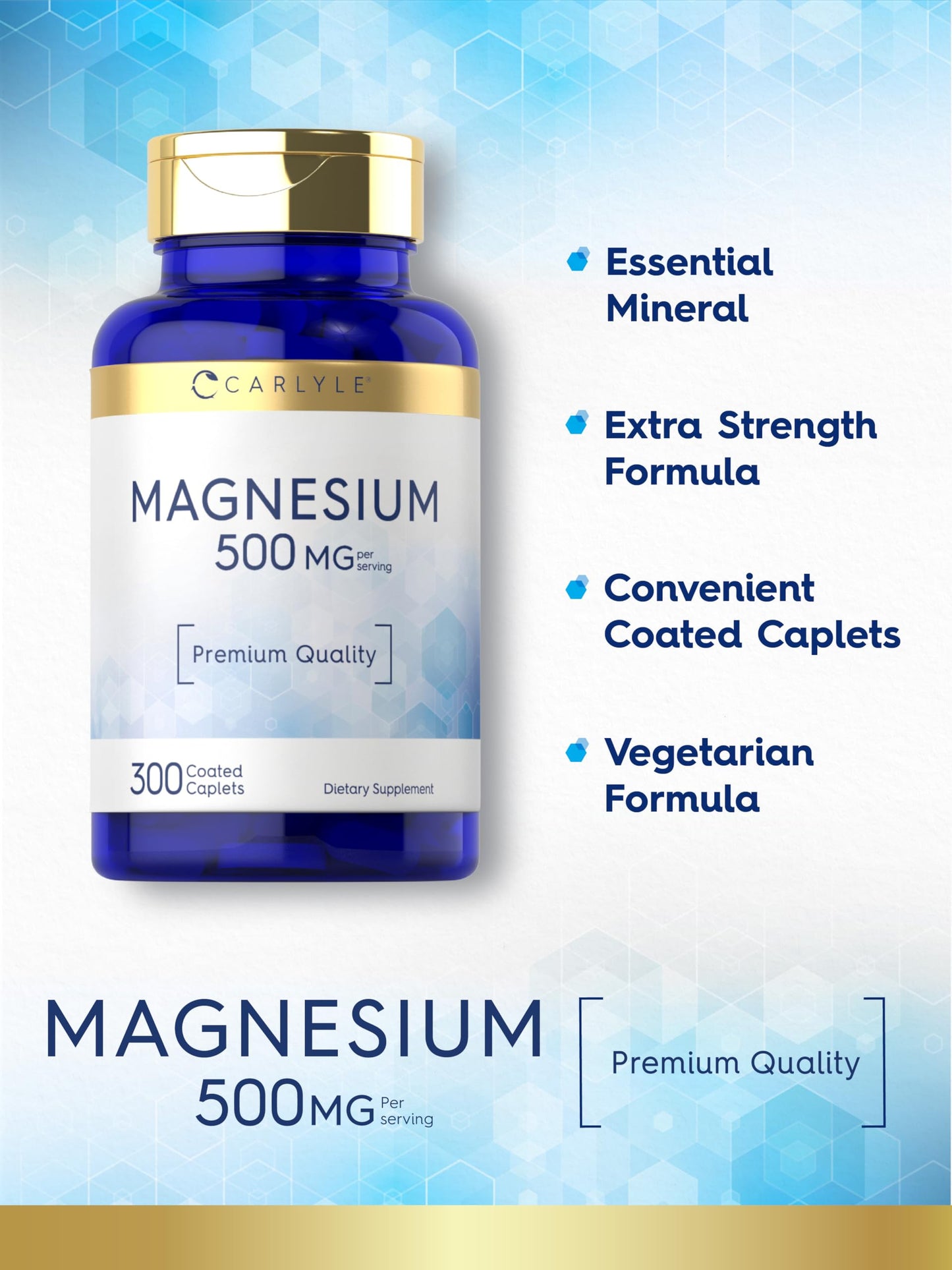 Carlyle Magnesium 500mg | 300 Coated Caplets | Vegetarian, Non-GMO, Gluten Free