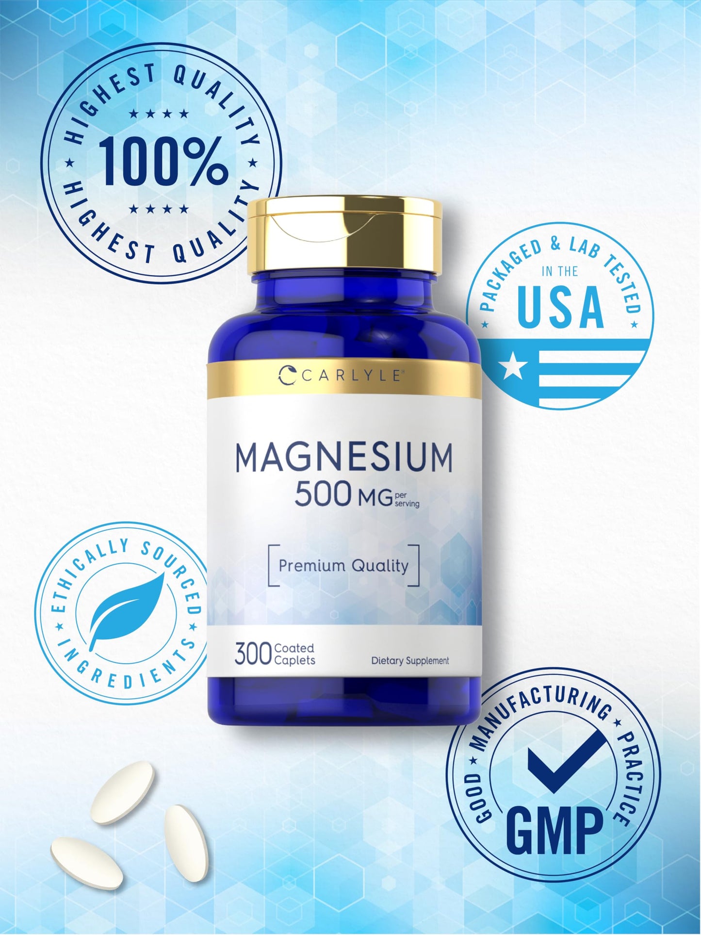 Carlyle Magnesium 500mg | 300 Coated Caplets | Vegetarian, Non-GMO, Gluten Free