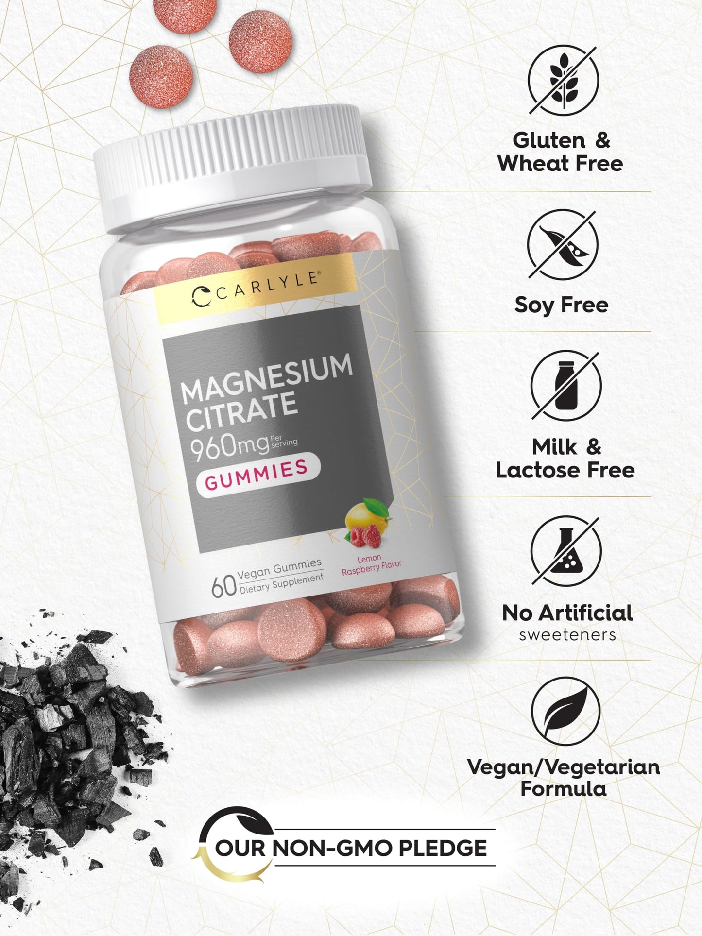 Carlyle Magnesium Citrate Gummies 960mg | Lemon Raspberry, 60 Count | Vegan, Non-GMO, Gluten Free