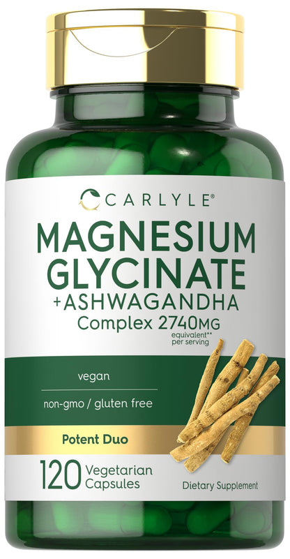 Carlyle Magnesium Glycinate with Ashwagandha | 2,740mg Complex | 120 Veg Capsules | Non-GMO & Gluten Free