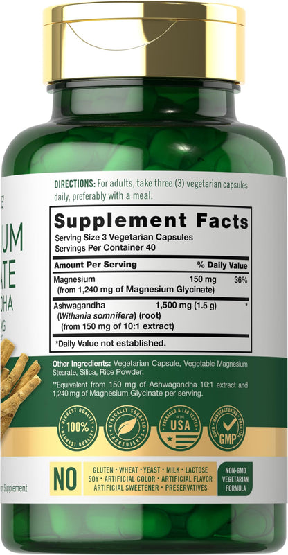 Carlyle Magnesium Glycinate with Ashwagandha | 2,740mg Complex | 120 Veg Capsules | Non-GMO & Gluten Free