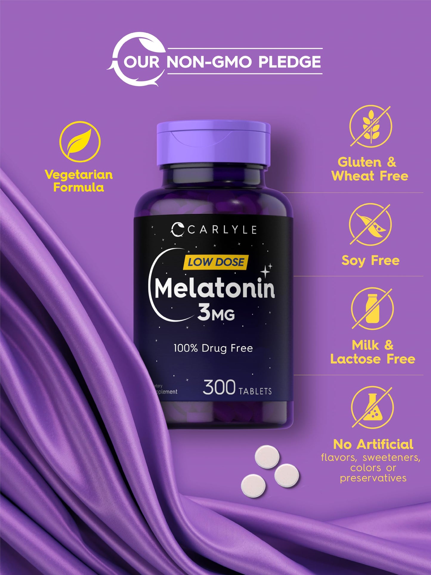 Carlyle Melatonin 3mg – 300 Tablets | Drug-Free, Gluten-Free, Vegetarian
