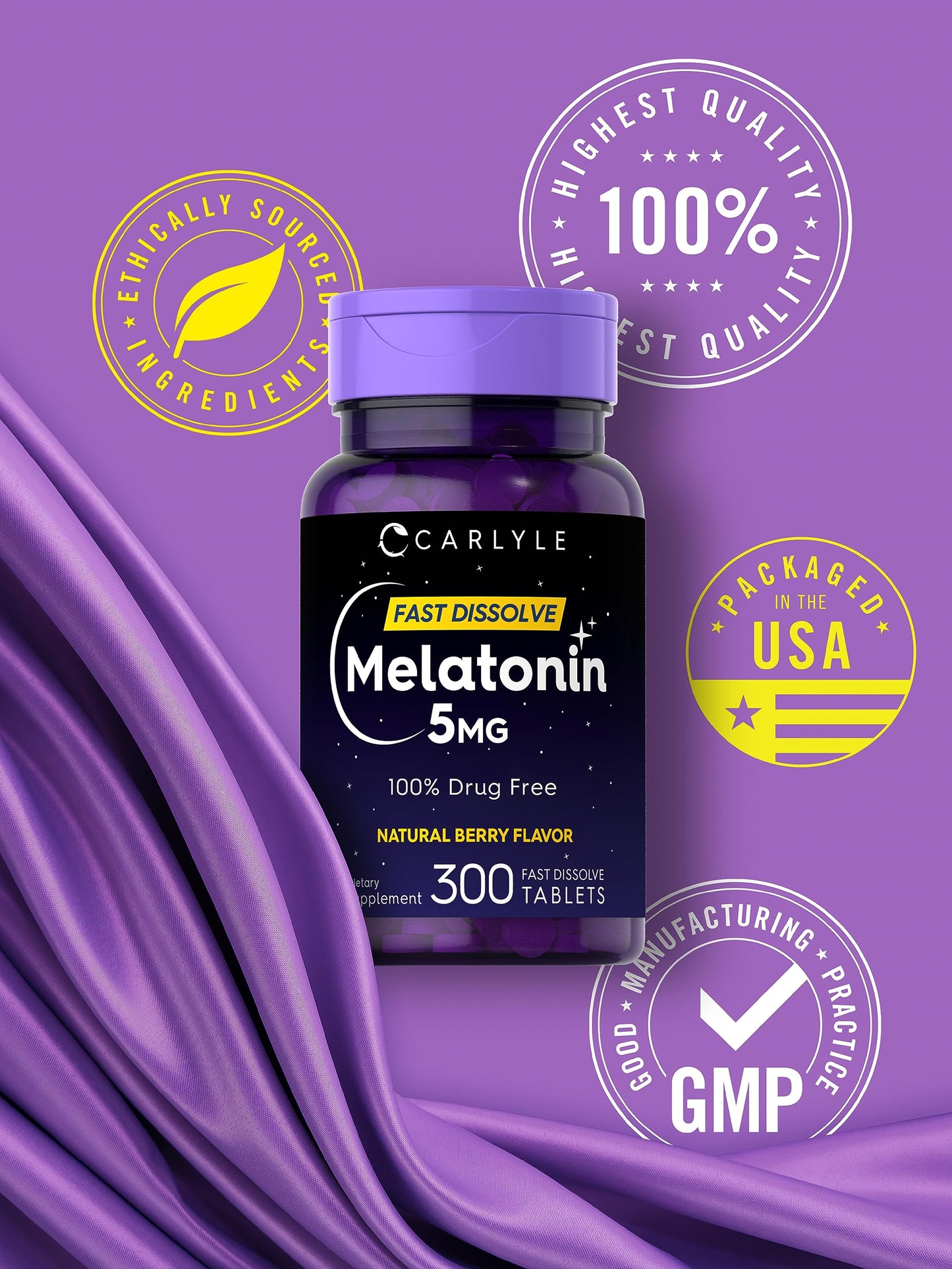 Carlyle Melatonin 5 mg Fast Dissolve, Berry – 300 Tablets | Vegetarian