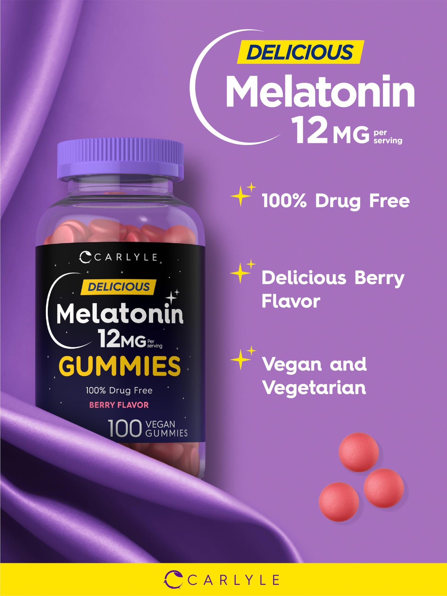 Carlyle Melatonin Gummies 12mg - Berry Flavor, 100 Count | Vegan, Non-GMO, Gluten Free